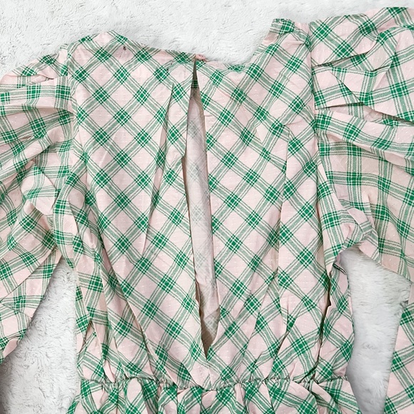 NWT- Dolls Kill DAISY STREET Balloon Pink/Green Puff Sleeved Plaid Ruffle Top - Picture 3 of 12
